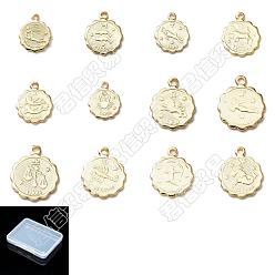 Constellation 24Pcs 12 Style Brass Charms, Golden, Flower, 12 Constellations, 14x12x1mm, Hole: 1.2mm, 2pcs/style
