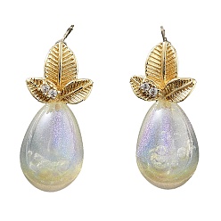 Light Gold Brass with Glass Stud Earrings, Leaf, Light Gold, 23x10.3mm