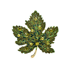 Olivine Autumn Maple Leaf Light Gold Alloy Rhinestone Brooch Pins, for Sweaters Coats, Olivine, 50x47mm