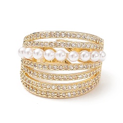 Golden Adjustable Brass Micro Pave Clear Cubic Zirconia Cuff Rings, Open Rings, with Acrylic Pearl, Long-Lasting Plated, Golden, Size 7, 17mm