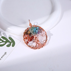 Rose Gold Gemstone Chip Tree of Life Copper Wire Wrapped Big Pendants, 7 Chakra Tree Charms, Rose Gold, 70x50mm
