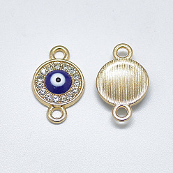 Light Gold Alloy Links, with Crystal Rhinestone and Blue Enamel, Flat Round with Evil Eye, Light Gold, 19.5x12x3.5mm, Hole: 2mm