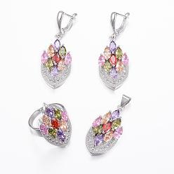 Colorful Brass Micro Pave Cubic Zirconia Jewelry Sets, Pendants & Hoop Earrings & Finger Rings, Marquise/Horse Eye, Platinum, Colorful, Size 7(17mm), 38.5x17x5.5mm, Hole: 5.5x4mm, 49x17x5.5mm, Pin: 1mm