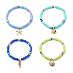 Mixed Color 4Pcs 4 Style Handmade Polymer Clay Disc Surfer Stretch Anklets Set, Brass Fish & Shell & Starfish & Sea Horse Charms Stackable Anklets for Women, Mixed Color, Inner Diameter: 2-5/8 inch(6.7cm), 1Pc/style