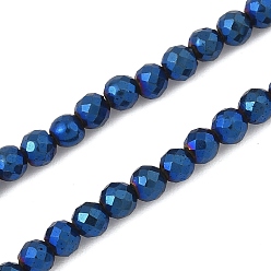 со Синим Покрытием Гальванизировать синтетические немагнитных гематита бусы пряди, граненые, круглые, с покрытием синим, 3.5x3 мм, отверстие : 0.9 мм, около 120~122 шт / нитка, 15.16~15.35'' (38.5~39 см)