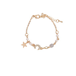 Light Grey Moon & Star & Flower Alloy Charm Bracelet with Imitation Pearl Beaded, for Ramadan & Eid Mubarak, Light Grey, 6-1/4 inch(16cm)