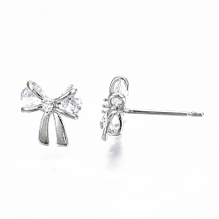 Real Platinum Plated Brass Stud Earrings, with Clear Cubic Zirconia, Nickel Free, Bowknot, Real Platinum Plated, 9.5x9.5mm, Pin: 0.7mm
