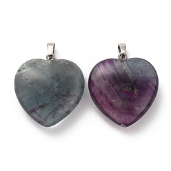 Fluorite Natural Colorful Fluorite Pendants, Heart Charms, with Rack Plating Platinum Tone Brass Snap on Bails, 32~33x30~31x12~13mm, Hole: 5x8mm