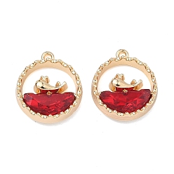 Красный Сплав стекла подвески, плоская круглая форма с подвесками в виде китов, стойки покрытие, без кадмия, без никеля и без свинца, золотые, красные, 18x15.5~16x4~4.5 мм, отверстие : 1.2~1.4 мм