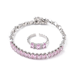 Бледно-Розовый Овальные латунные браслеты-манжеты и кольца с микропаве из кубического циркония для женщин, стойки покрытие, платина, розовый жемчуг, браслет: 7ширина мм, внутренний диаметр: 59.5x55 мм