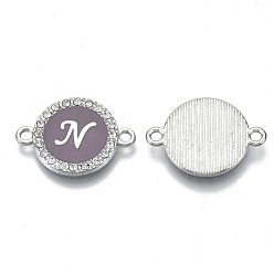 Letter N Alloy Enamel Links Connectors, with Crystal Rhinestones, Flat Round with Letter, Silver Color Plated, Letter.N, 22x16x2mm, Hole: 1.8mm