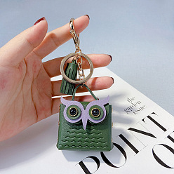Green Cute Cartoon Owl Bag Charm with Tassel Fringe for Women's Car Keychain Pendant