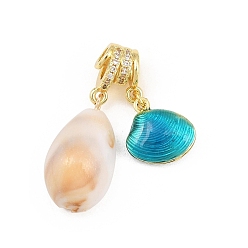 Deep Sky Blue Brass Micro Pave Clear Cubic Zirconia Pendants, with Enamel & Resin, Shell Shape Charms, Rack Plating, Long-Lasting Plated, Lead Free & Cadmium Free, Real 18K Gold Plated, Deep Sky Blue, 35mm, Hole: 3mm