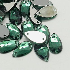 Темно-Зеленый Шить на горный хрусталь, Тайвань акриловые горный хрусталь, два отверстия, аксессуары для одежды, Грановитая Teardrop, темно-зеленый, 13x8x3.5 мм, отверстие: 1 мм
