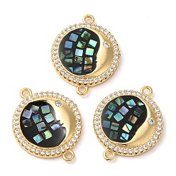 Черный Покрытие стойки латунь микро-паве прозрачный кубический цирконий плоский круглый с подвесками в форме луны, с ракушкой и эмалью, реальный 18 k позолоченный, долговечный, без свинца и без кадмия, чёрные, 24x18x3 мм, отверстие : 2 мм