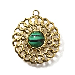 Малахит 304 подвески из нержавеющей стали, плоско-круглые, с натуральным малахитом, реальный 18 k позолоченный, ионное покрытие (ip), 18x16x3.5 мм, отверстие : 1.2 мм