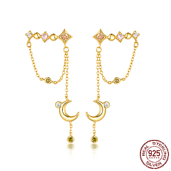 Golden Moon and Star 925 Sterling Silver Rhinestone Dangle Earrings, Chain Earrings for Women, Golden, 46x20mm