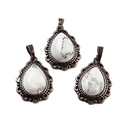 Говлит Подвески из натурального говлита в форме капли, подвески из латуни красного медного тона, 28.5x20.5x7 мм, отверстие : 8x5 мм