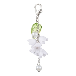 White Acrylic Pendant Decorations, with Glass Imitation Pearl Beads and Alloy Lobster Claw Clasps, Flower with Leaf, White, 70mm