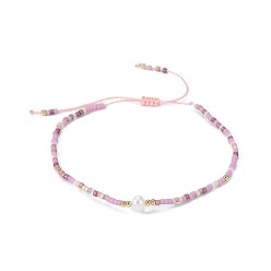 Perlas de Color Rosa Nylon ajustable pulseras de cuentas trenzado del cordón, con cuentas de semillas japonesas y perlas, rosa perla, 2 pulgada ~ 2-3/4 pulgada (5~7.1 cm)