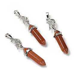 Goldstone Synthetic Goldstone Double Terminated Pointed Big Pendants, with Platinum Tone Brass Findings, Cadmium Free & Lead Free, Moon with Fairy & Bullet, Faceted, 62~66mm
