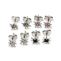 Mixed Color Rhinestone Flower Stud Earrings with 316 Surgical Stainless Steel Pins, Stainless Steel Color Plated 304 Stainless Steel Jewelry for Women, Mixed Color, 8x8mm, Pin: 0.8mm