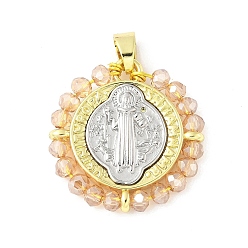 Фора Латунь стекло кулоны, плоский круглый со святым Бенедиктом, долговечный, без кадмия и без свинца, стойки покрытие, реальный 18 k позолоченный, оранжевые, 25x24x5.5 мм, отверстие : 3x6 мм