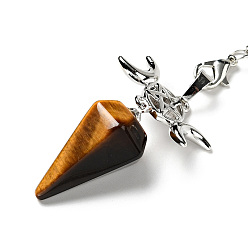 Tiger Eye Gemstone Hexagonal Pointed Dowsing Pendulums, with Platinum Tone Brass Findings and Chains, Cadmium Free & Lead Free, Cone with Triple Moon, 230~250mm, pendant: 50~54x26x15~16.5mm, Hole: 1.8x2.2mm