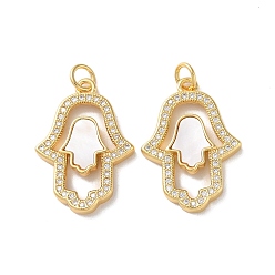 Clear Brass Micro Pave Cubic Zirconia Pendants, with Shell, Real 18K Gold Plated, Hamsa Hand, Clear, 24x17x2.5mm, Hole: 3mm