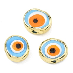 Небесно-голубой Ручной зло бусины глаз, плоско-круглые, с латунным, стойки покрытие, голубой, 20.5~21x16~17x9~12 мм, отверстие : 3.5~4 мм