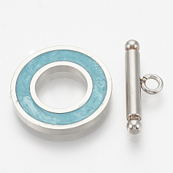 Turquoise 201 Stainless Steel Toggle Clasps, with Enamel, Ring, Turquoise, Ring: 19.5x2mm, Inner Diameter: 10mm, Bar: 21x7x3mm, Hole: 2mm