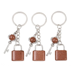 Камень с Пылевым Золотом Брелки с синтетическим золотым камнем, Замок и ключ, с разъемным кольцом для ключей из латуни и железа, стойки покрытие, долговечный, платина, 80 мм