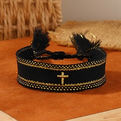 Black Cross Embroidered Tassel Cloth Woven Braid Bracelet, Black, Inner Diameter: 2-1/8~2-5/8 inch(5.5~6.8cm)