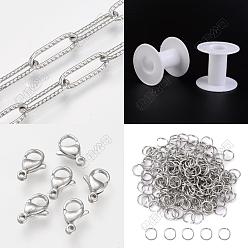 Stainless Steel Color 10M 304 Stainless Steel Paperclip Chains, Drawn Elongated Cable Chain, Soldered, with Spool, Knurling, 50Pcs Open Jump Rings with 20Pcs  Lobster Claw Clasps, Stainless Steel Color, 12.5~64x2.5~4x1~3.5mm