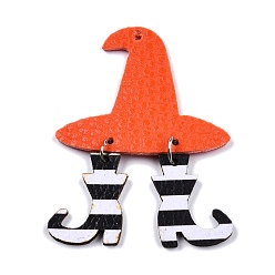 Orange Red Halloween Theme Imitation Leather Pendant, with Iron Jump Ring, Witch Hat and Boot, Orange Red, 66mm, Hole: 1.6mm