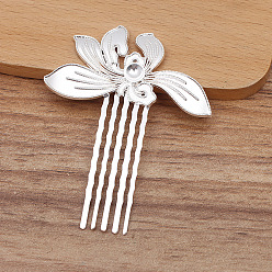 Silver Alloy Hair Comb Findings, Round Bead & Enamel Settings, with Iron Comb, Orchid Flower, Silver, 55x29mm, Fit for 5mm Beads