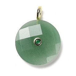 Зеленый Авантюрин Граненые подвески из натурального зеленого авантюрина, плоские круглые прелести, с покрытием из золотистой латуни с микропаве из кубических цирконий, 32.5~33x25~25.5x7~7.5 мм, отверстие : 4 мм
