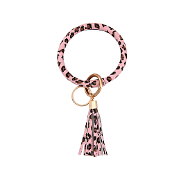 Pink Leopard Print Pattern PU Imitaition Leather Bangle Keychains, Wristlet Keychain with Tassel & Alloy Ring, Pink, 200x100mm