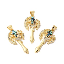 Black Axe Shapes Rack Plating Brass Cubic Zirconia Pendants, with Enamel & Shell, Long-Lasting Plated, Lead Free & Cadmium Free, Real 18K Gold Plated, Black, 31x16x3mm, Hole: 4x5mm