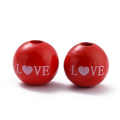 FireBrick Painted Natural Wood Beads, Round with Word LOVE, FireBrick, 16x15.5mm, Hole: 4mm