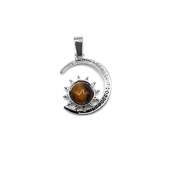 Tiger Eye Natural Tiger Eye Pendants, Antique Silver Plated Alloy Moon with Sun Charms, 28x22mm