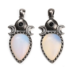 Opalite Opalite Pendants, Brass Rhinestone Triple Moon Teardrop Bezeled Charms, Antique Silver, 44x24x7mm, Hole: 5x5mm