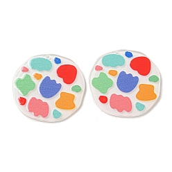 Colorful Opaque Acrylic Pendants, Flat Round with Flower, Colorful, 36.5x37x2.5mm, Hole: 1.6mm