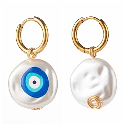 Golden 3D Printed Evil Eye Round Imitation Pearl Earrings for Girl Women, Huggie Hoop Earrings  with 304 Stainless Steel Findings, Golden, 34mm, Pin: 1mm