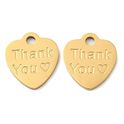 Golden Valentine's Day 316 Surgical Stainless Steel Pendants, Laser Cut, Heart with Word Thank You, Golden, 16x15x1mm, Hole: 2mm