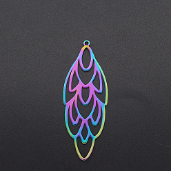 Rainbow Color Ion Plating(IP) 201 Stainless Steel Big Pendants, Feather, Laser Cut, Rainbow Color, 52x19x1mm, Hole: 1.6mm