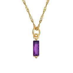 Purple Birthstone Style Cubic Zirconia Rectangle Pendant Necklaces, Golden Titanium Steel Necklace, Purple, 17.72 inch(45cm)