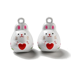 White Brass Bell Pendants, Spary Printed, Rabbit with Heart Charm, White, 22.5x15x17mm, Hole: 2.5mm