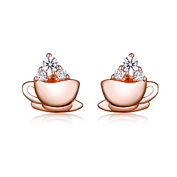 Rose Gold 925 Sterling Silver Stud Earrings, with Micro Pave Cubic Zirconia, Coffee, Clear, Rose Gold, 7x7mm