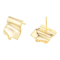 Golden Brass Stud Earring Findings, with Horizontal Loops, Wave Rectangle, Nickel Free, Golden, 14x12mm, Hole: 1.2mm, Pin: 0.8mm